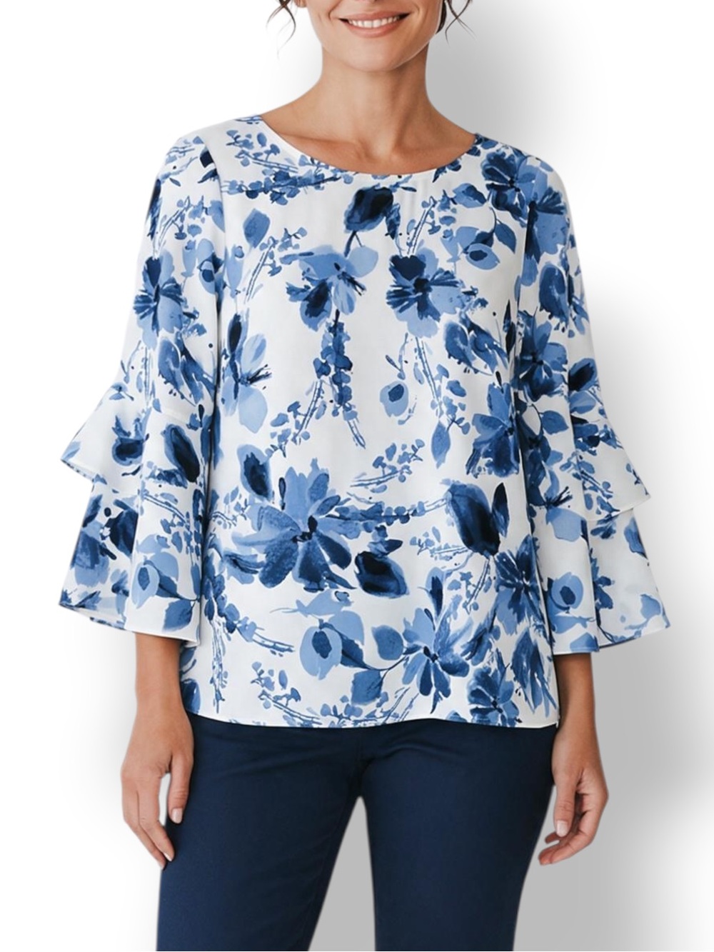 4/$20 Kasper Blue Ivory Floral Flounce Sleeve Blouse Large